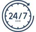24/7 clock icon with circular arrow.