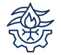 Blue flame and gear icon on black background.