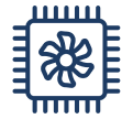 Blue microchip icon with fan symbol.