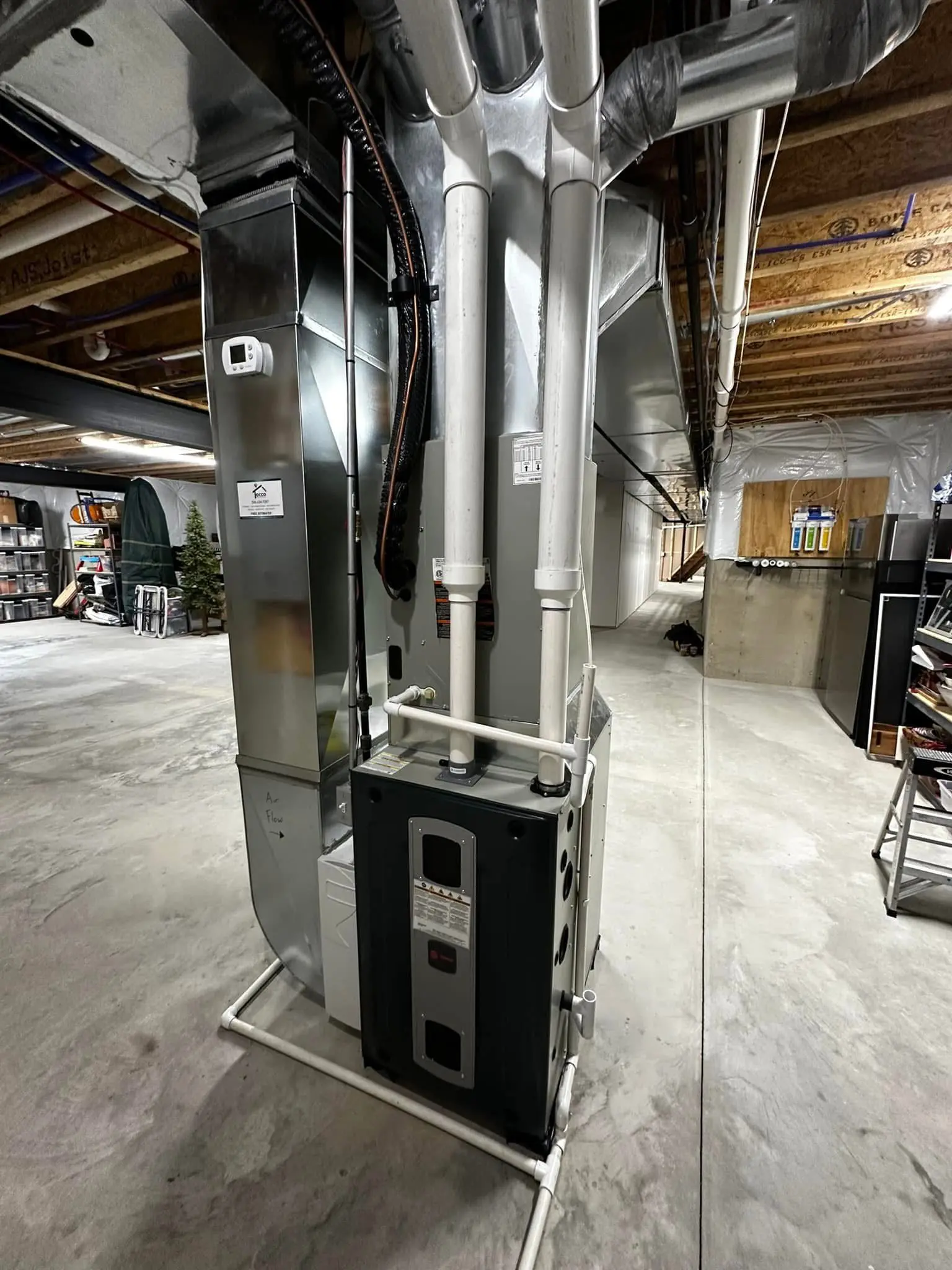 Basement HVAC furnace and ductwork installation